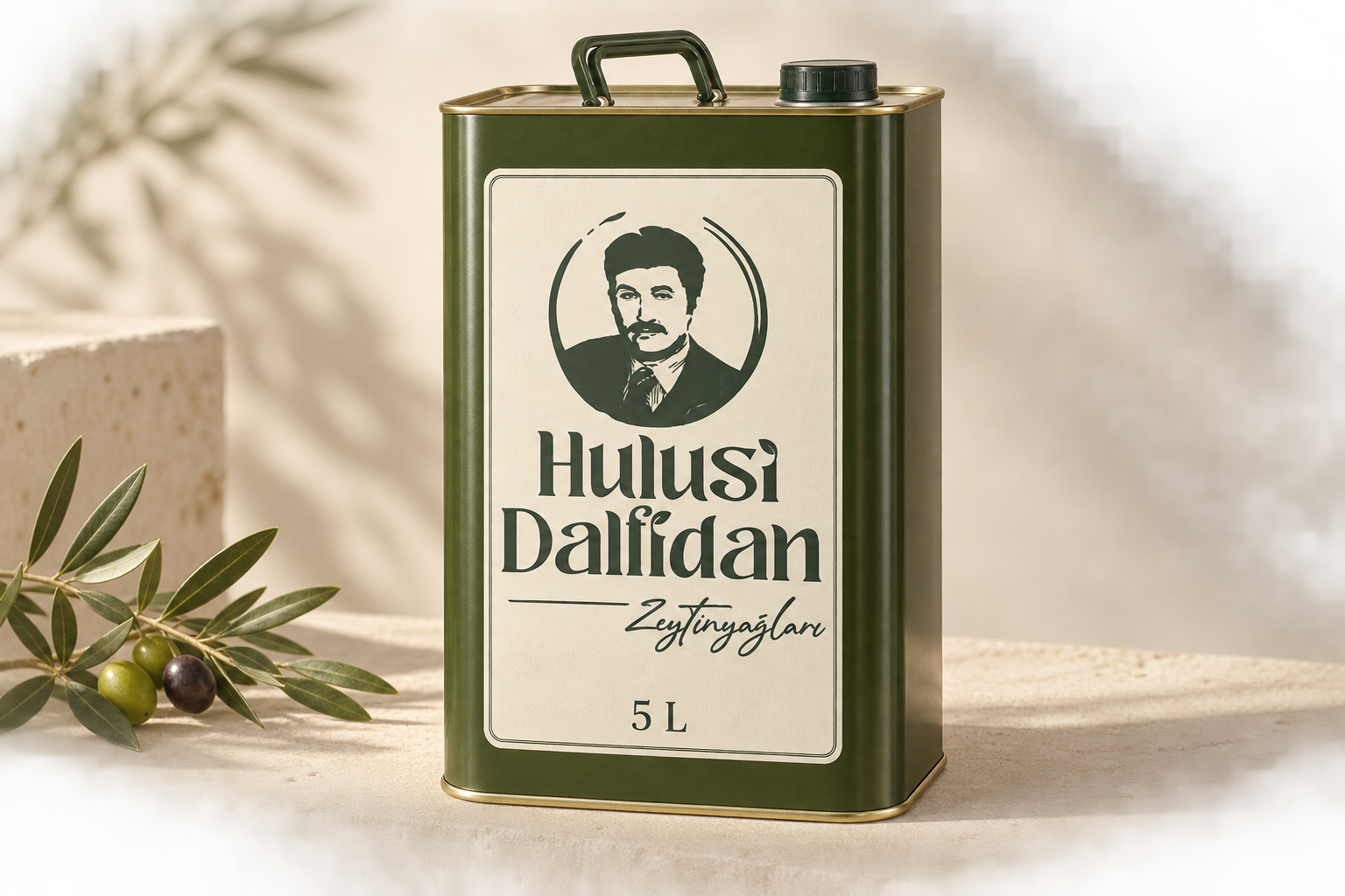Hulusi Dalfidan portreli krem etiket taşıyan koyu yeşil 5 litrelik teneke için ambalaj tasarım önerisi