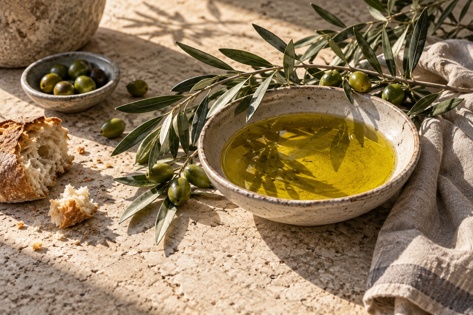 Ekmek, zeytin dalları ve bir kâse zeytinyağından oluşan temsili sofra